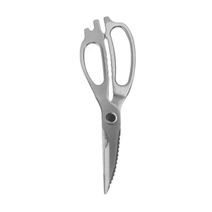 Stainless Steel Kitchen Scissors with silver metal blades, ergonomic handles, serrated edges and a central pivot