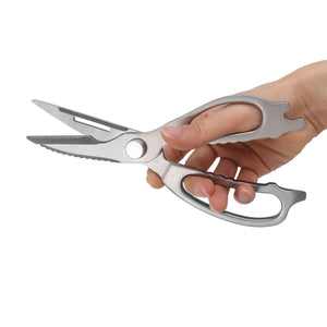 Stainless Steel Kitchen Scissors with silver metal blades, a serrated edge, and ergonomic handles with finger loops
