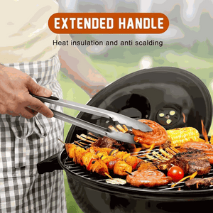 Stainless steel kitchen tongs set with long silver jaws and black handles gripping food on a barbecue grill
