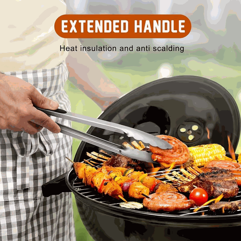 Stainless steel kitchen tongs set with long silver jaws and black handles gripping food on a barbecue grill