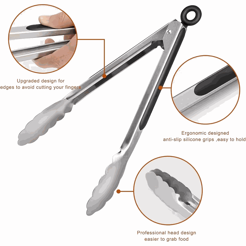 Stainless steel kitchen tongs set with silver scalloped jaws, black silicone handle grips and a locking ring