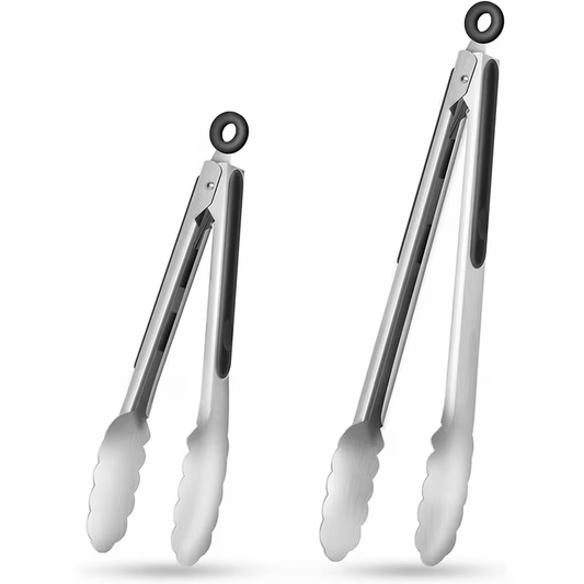 Stainless steel kitchen tongs set with two silver metal tongs, black locking rings and scalloped silicone-coated gripping tips