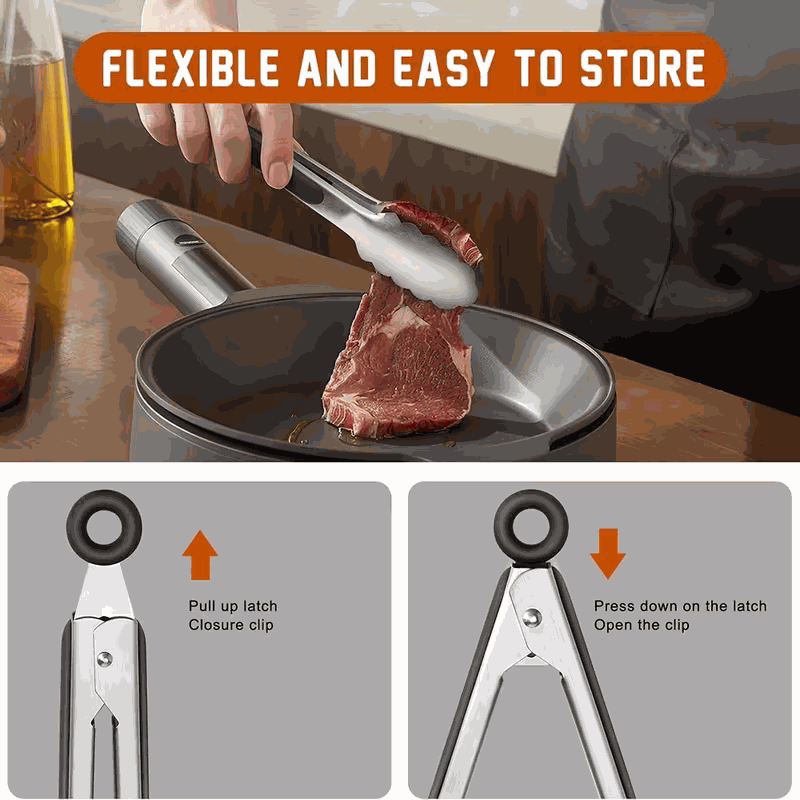 Stainless steel kitchen tongs set with silver metal arms, black ring lock and white silicone jaws gripping a piece of meat