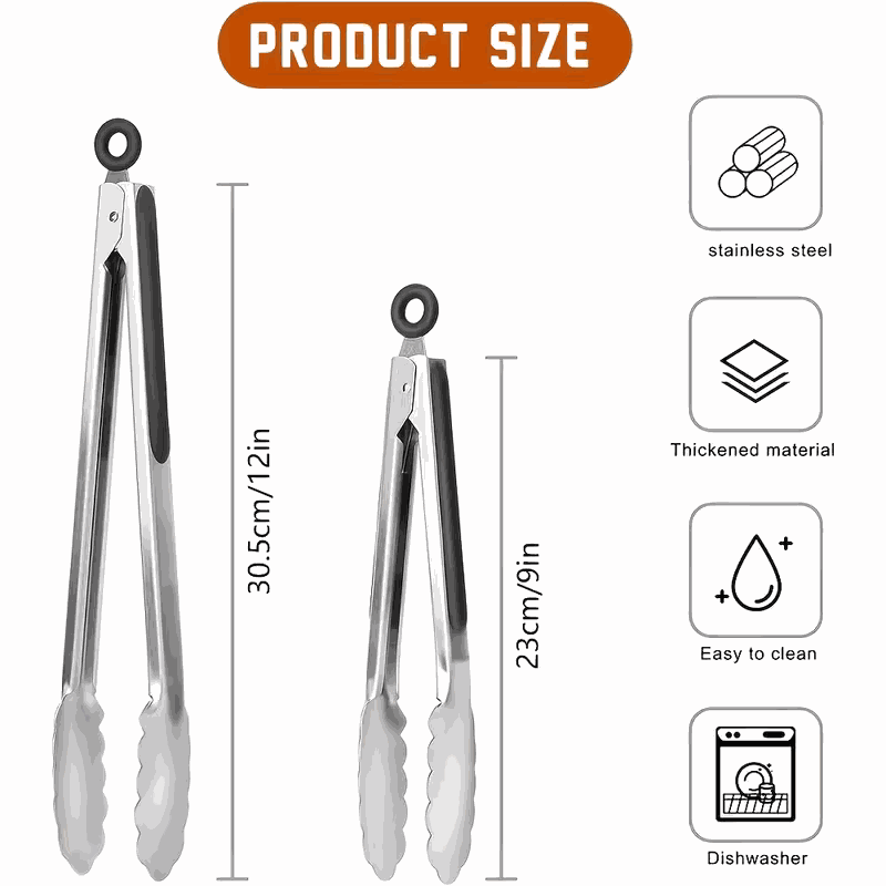 Stainless steel kitchen tongs set with two silver sizes, black silicone grips, scalloped jaws and locking loops
