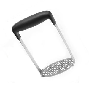 Stainless Steel Potato Masher with a perforated silver mashing plate and wide black horizontal grip