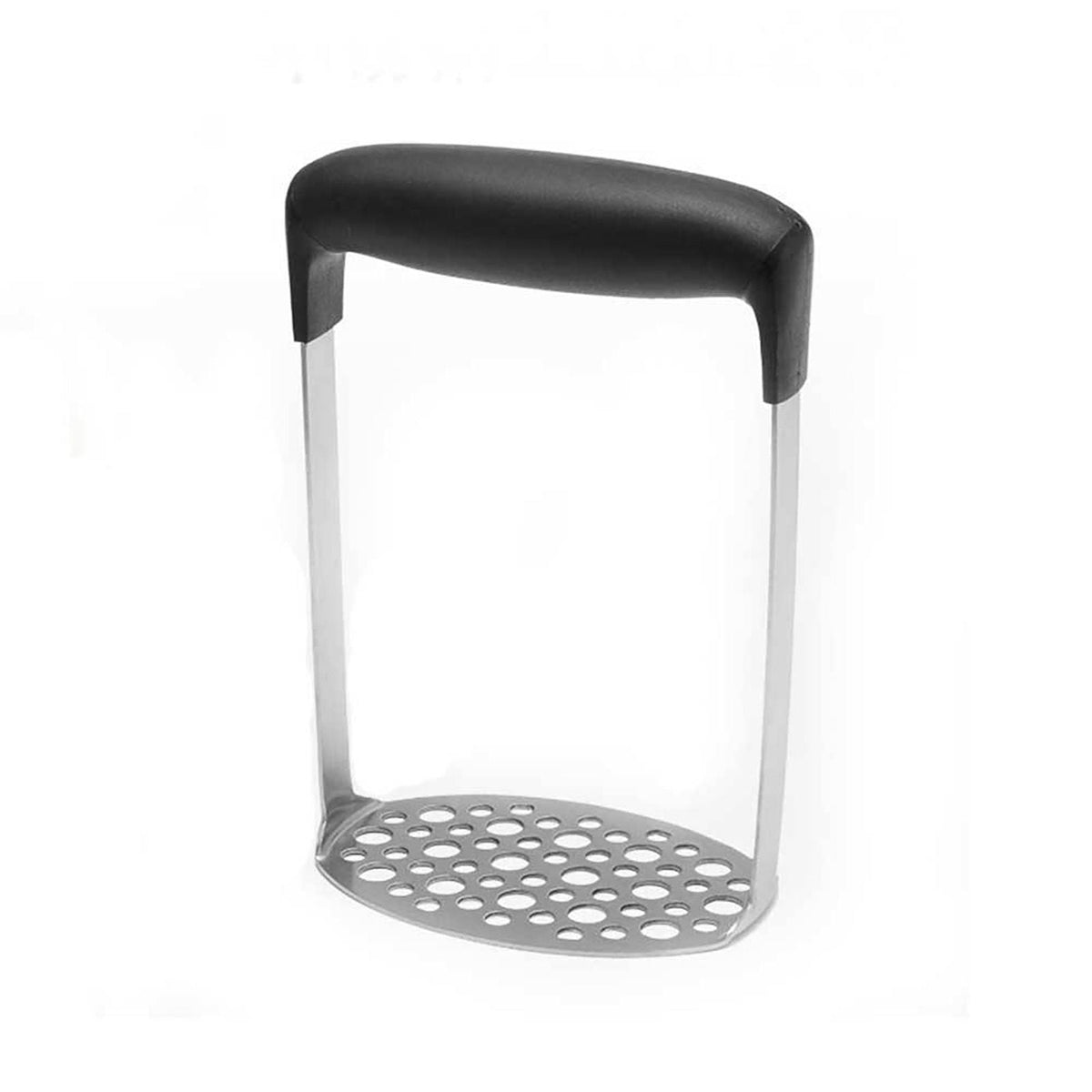 Stainless Steel Potato Masher with a perforated silver metal plate and a wide black horizontal grip handle