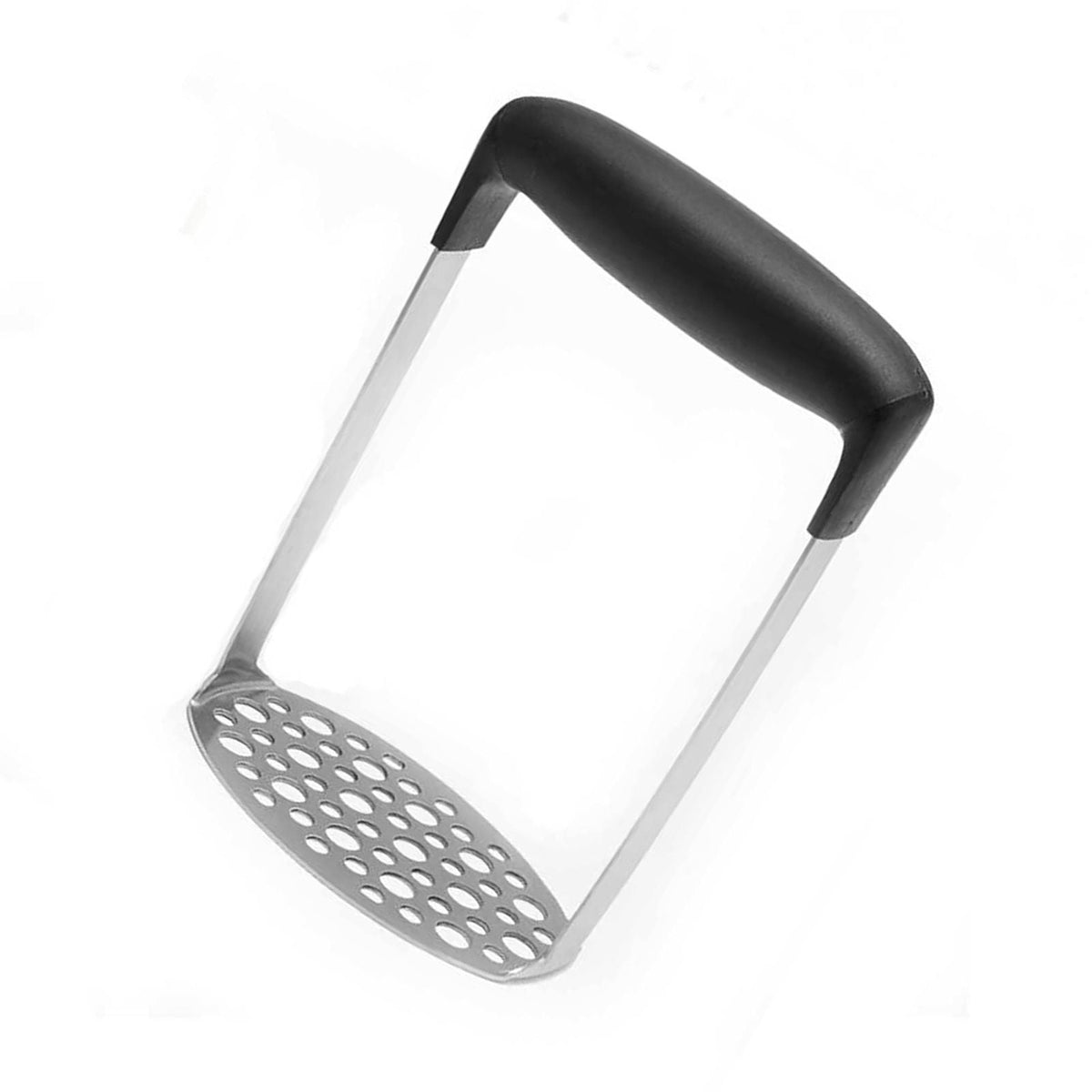 Stainless Steel Potato Masher with a perforated silver plate, two metal supports and a wide black horizontal grip