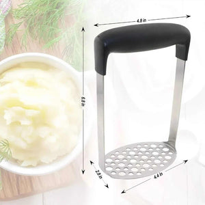 Stainless Steel Potato Masher with a perforated silver mashing plate and wide black horizontal grip handle