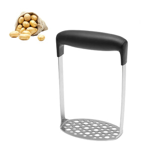 Stainless Steel Potato Masher with a perforated metal mashing plate and wide black horizontal grip