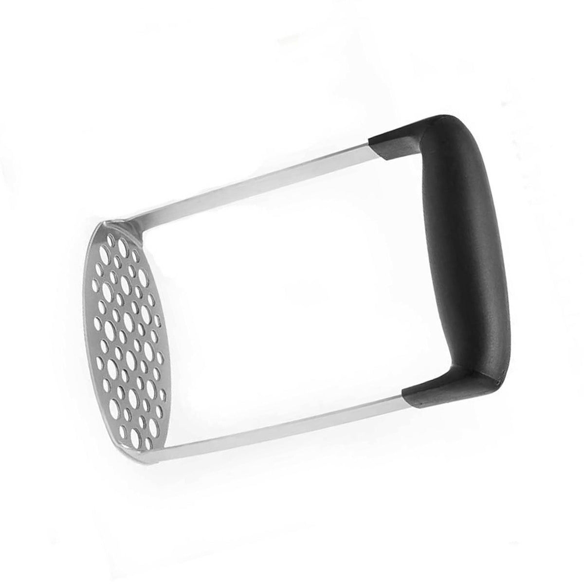 Stainless Steel Potato Masher with a perforated silver mashing plate and wide black horizontal grip handle