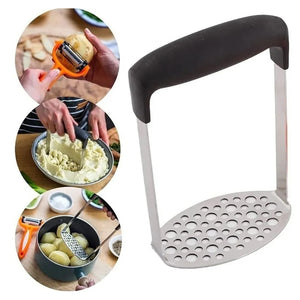Stainless Steel Potato Masher with a perforated silver mashing plate and wide black horizontal grip handle