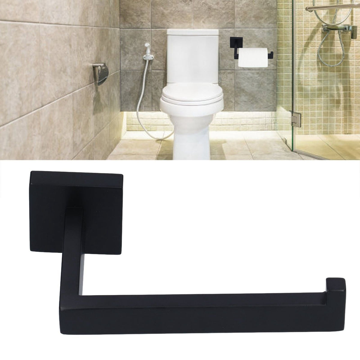 Stainless Steel Toilet Paper Holder in matte black metal with a square wall plate, angular arm and raised end stop.