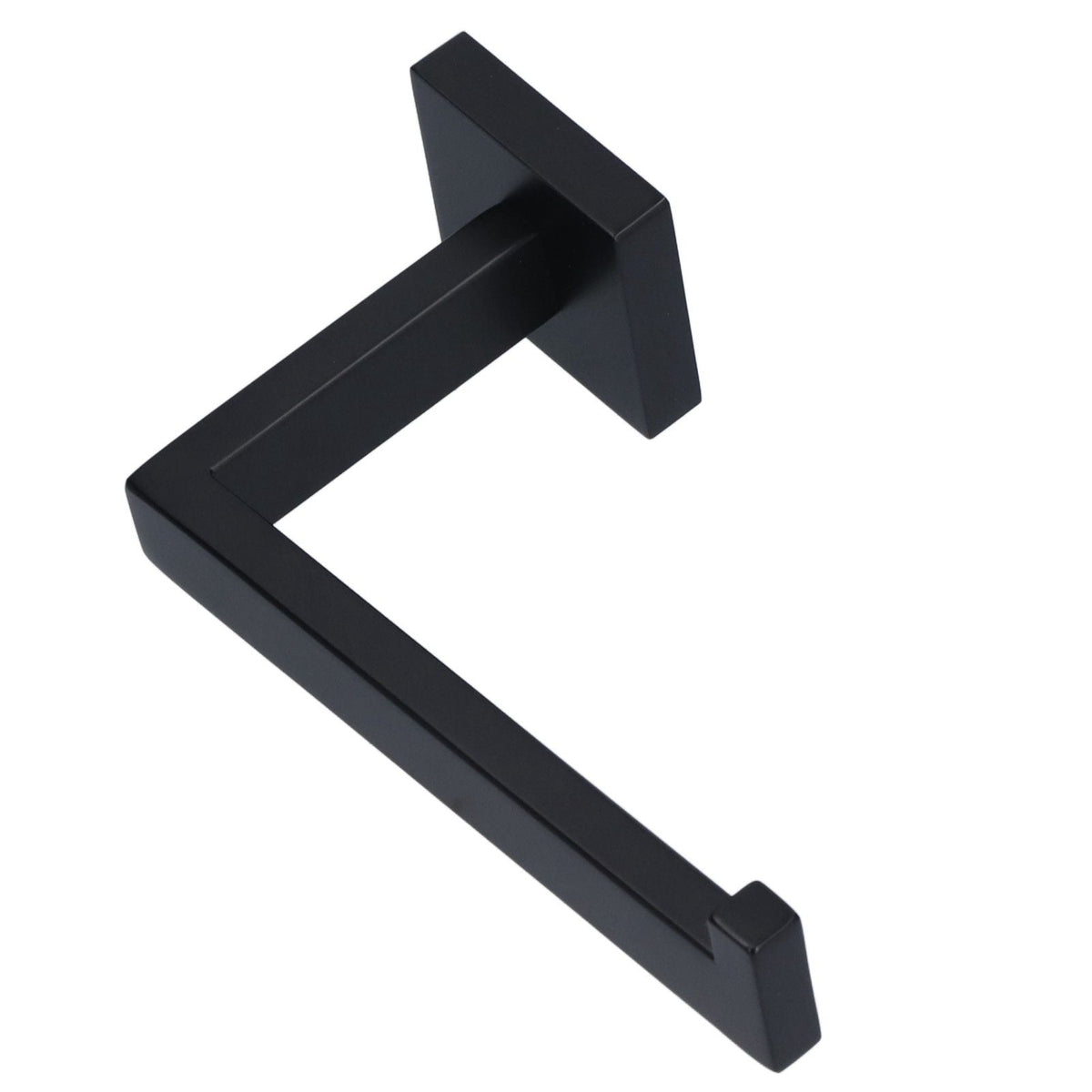 Stainless Steel Toilet Paper Holder in matte black metal with a sleek angular arm and raised end knob to secure rolls