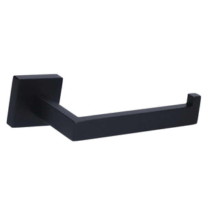 Stainless Steel Toilet Paper Holder with a matte black finish, squared wall plate, angular bar and raised end stop.