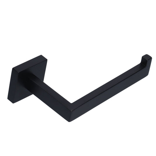 Stainless Steel Toilet Paper Holder in matte black metal with a sleek angular arm and raised end knob to secure rolls