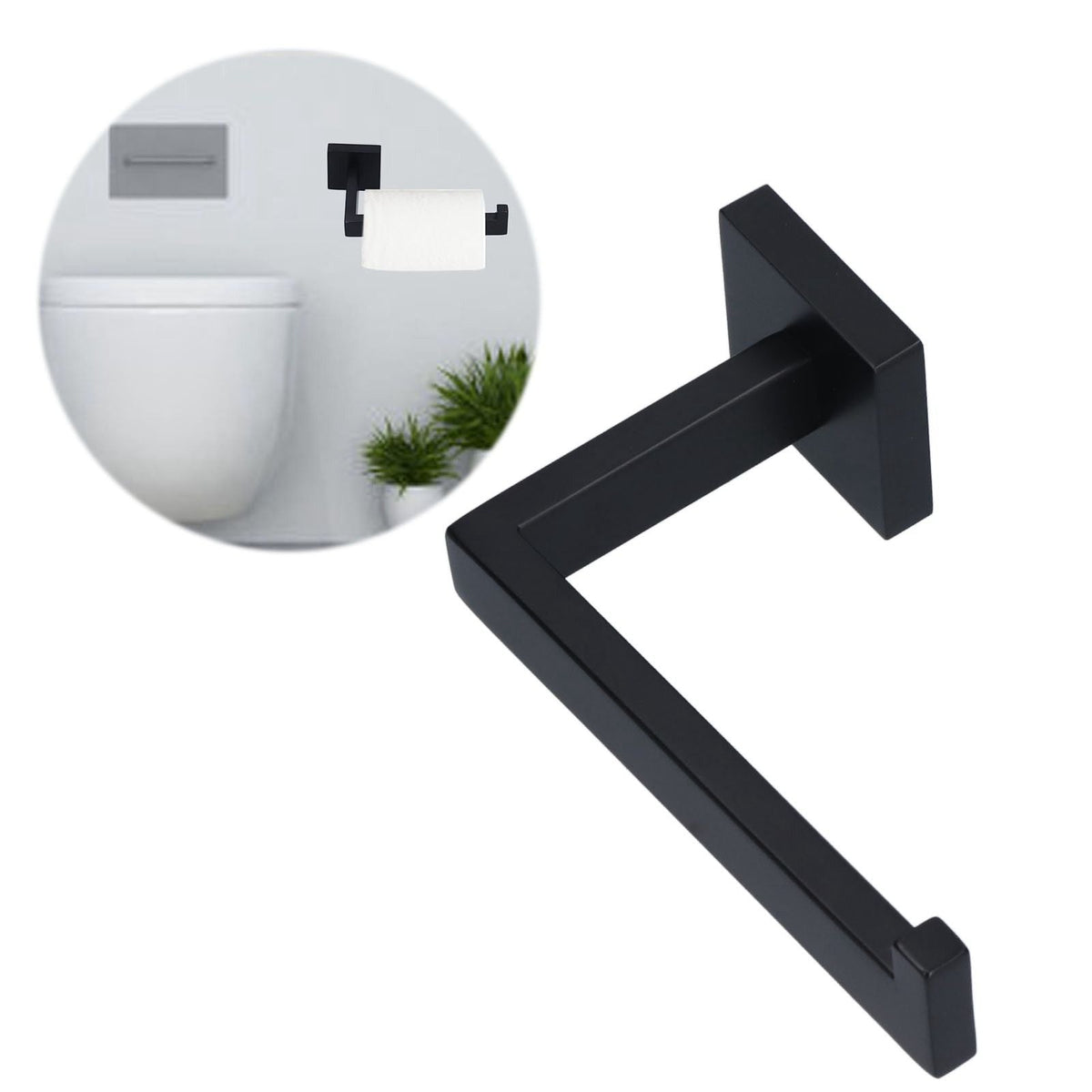 Stainless Steel Toilet Paper Holder in matte black metal with angular wall mount and raised end stopper.