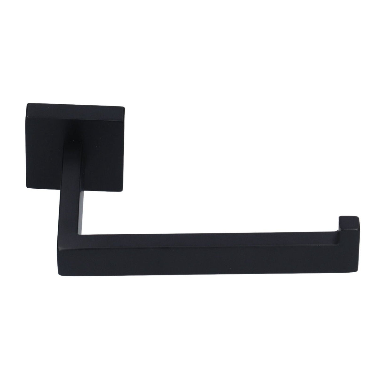 Stainless Steel Toilet Paper Holder in matte black metal with a square wall plate, straight bar and raised end stopper