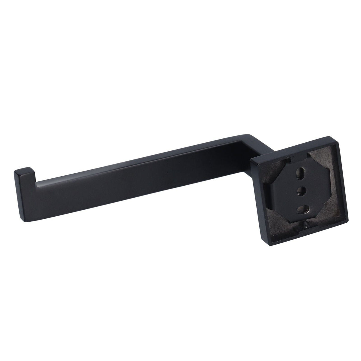Stainless Steel Toilet Paper Holder in matte black metal with a straight open arm, raised end stop and square wall plate