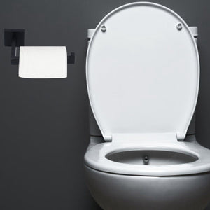 Stainless Steel Toilet Paper Holder in matte black, with a squared wall bracket and white toilet roll on a horizontal bar