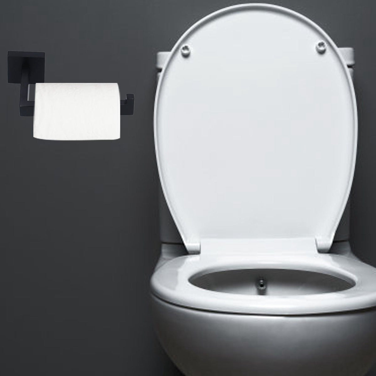 Stainless Steel Toilet Paper Holder in matte black, with a squared wall bracket and white toilet roll on a horizontal bar