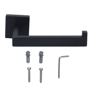 Stainless Steel Toilet Paper Holder in matte black metal with a squared wall mount and raised end stop, plus mounting hardware.