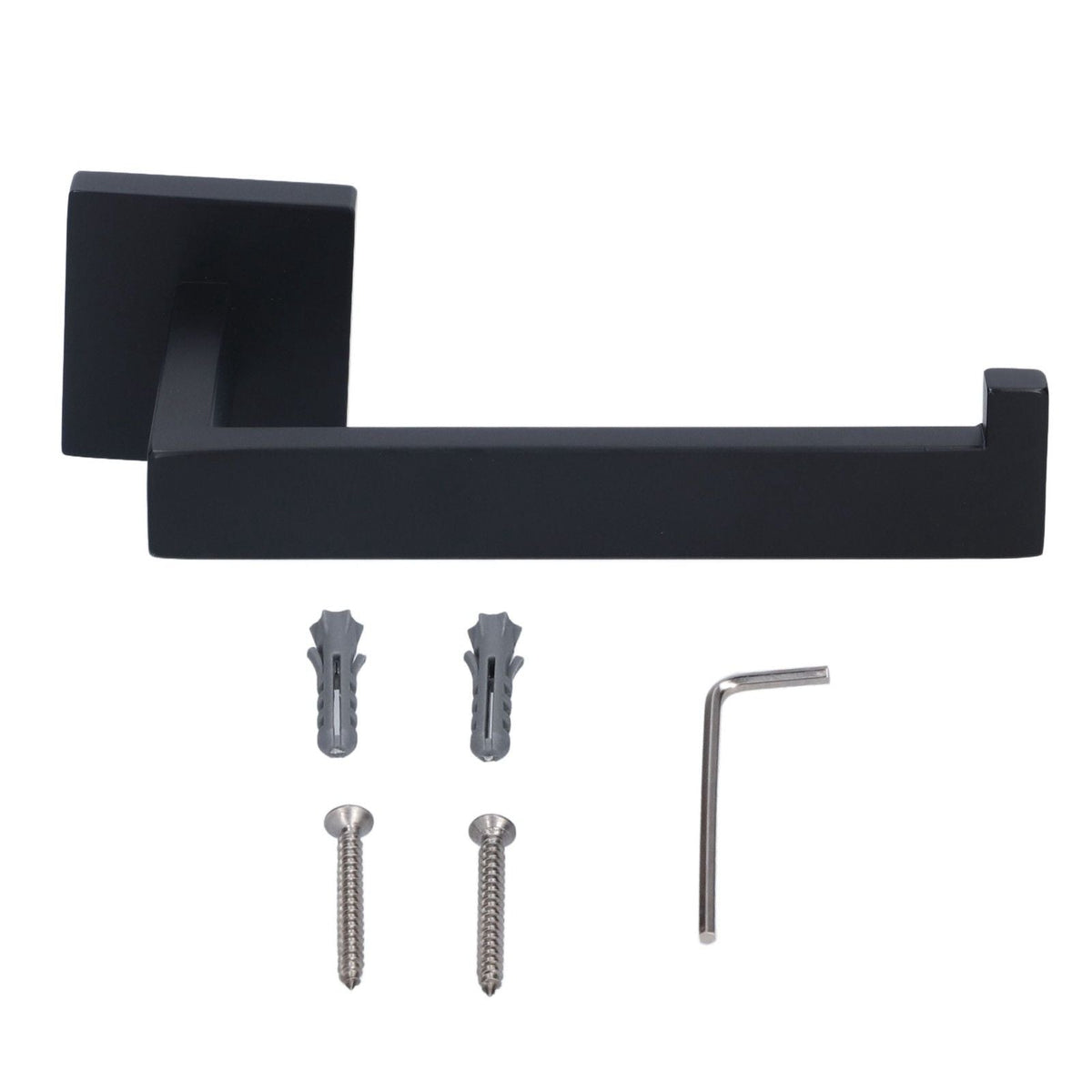 Stainless Steel Toilet Paper Holder in matte black metal with a squared wall mount and raised end stop, plus mounting hardware.