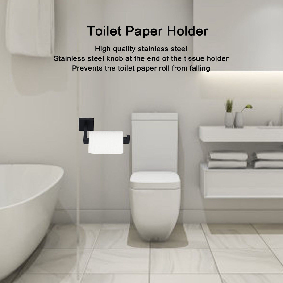 Stainless Steel Toilet Paper Holder in matte black metal, wall-mounted with a square end knob and white toilet roll