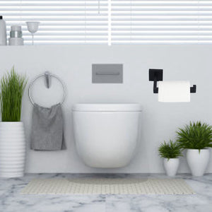 Stainless Steel Toilet Paper Holder in matte black with a squared wall mount, straight bar and white tissue roll