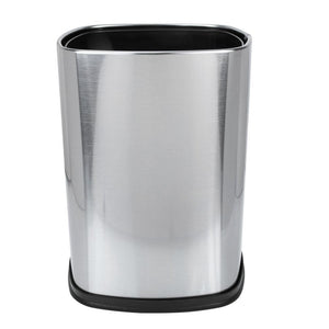 Stainless Steel Trash Can in brushed silver metal with a rounded rectangular shape, black inner rim and non-slip base