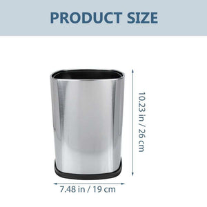 Stainless Steel Trash Can in brushed silver metal with a black open rim and rounded rectangular shape