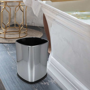 Stainless Steel Trash Can with a brushed silver metal body, black open top and rounded rectangular shape