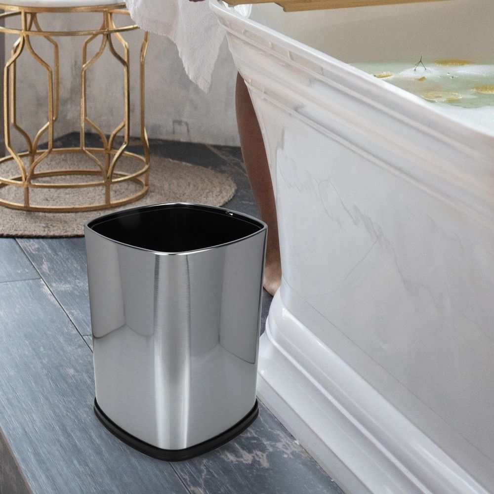 Stainless Steel Trash Can with a brushed silver metal body, black open top and rounded rectangular shape