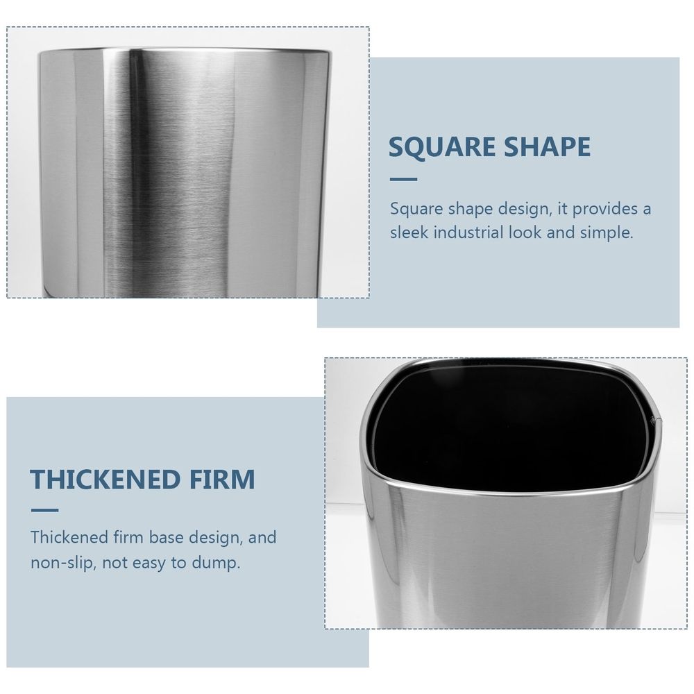 Stainless Steel Trash Can in brushed silver metal with a square shape, black inner liner, and thickened firm base