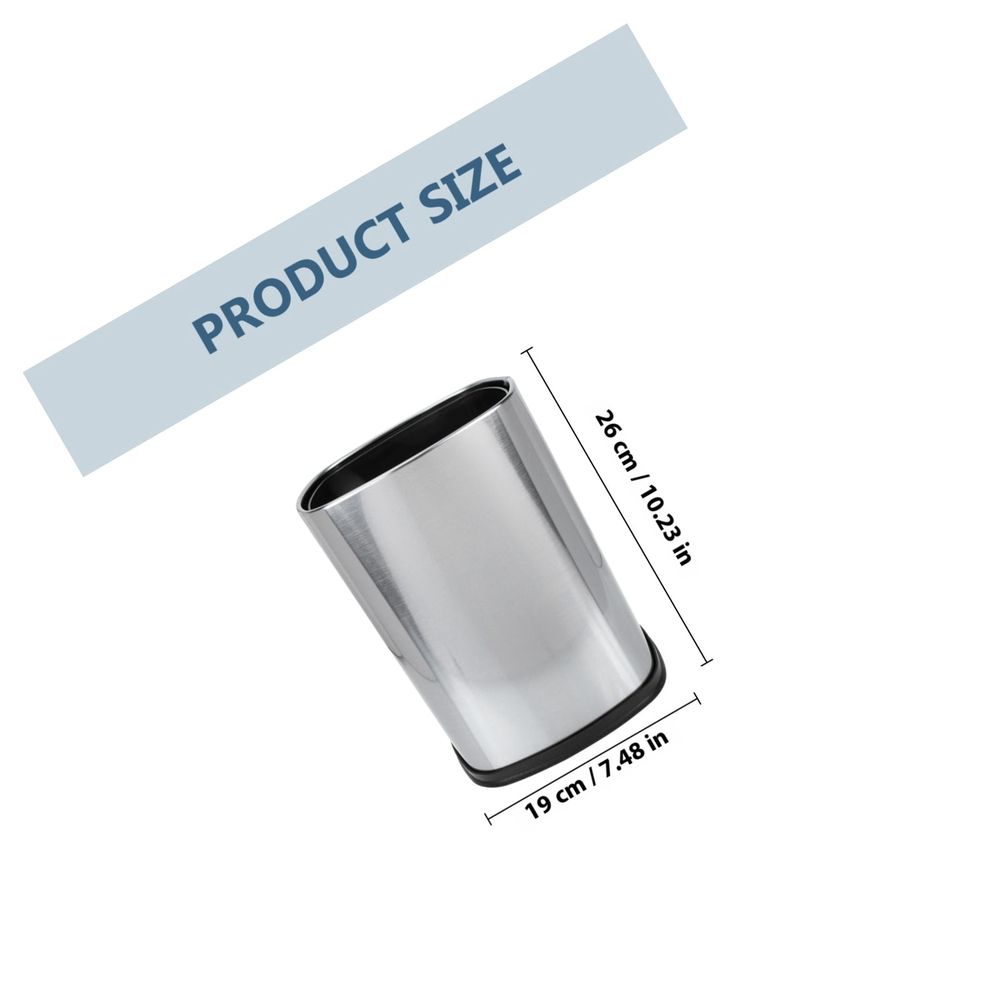 Stainless Steel Trash Can with a polished silver cylindrical body, open top, and black non-slip base.
