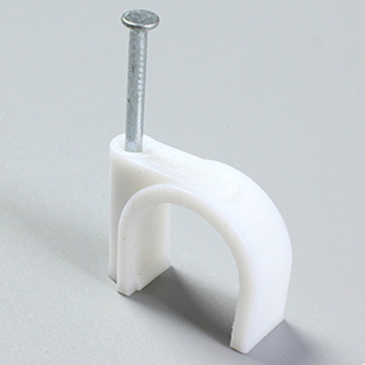Steel Nail Cable Fixing Clips, white PE plastic arch with a silver steel nail for securing cables