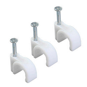Steel Nail Cable Fixing Clips in white PE with silver steel nails, featuring curved snap-in holders for securing cables
