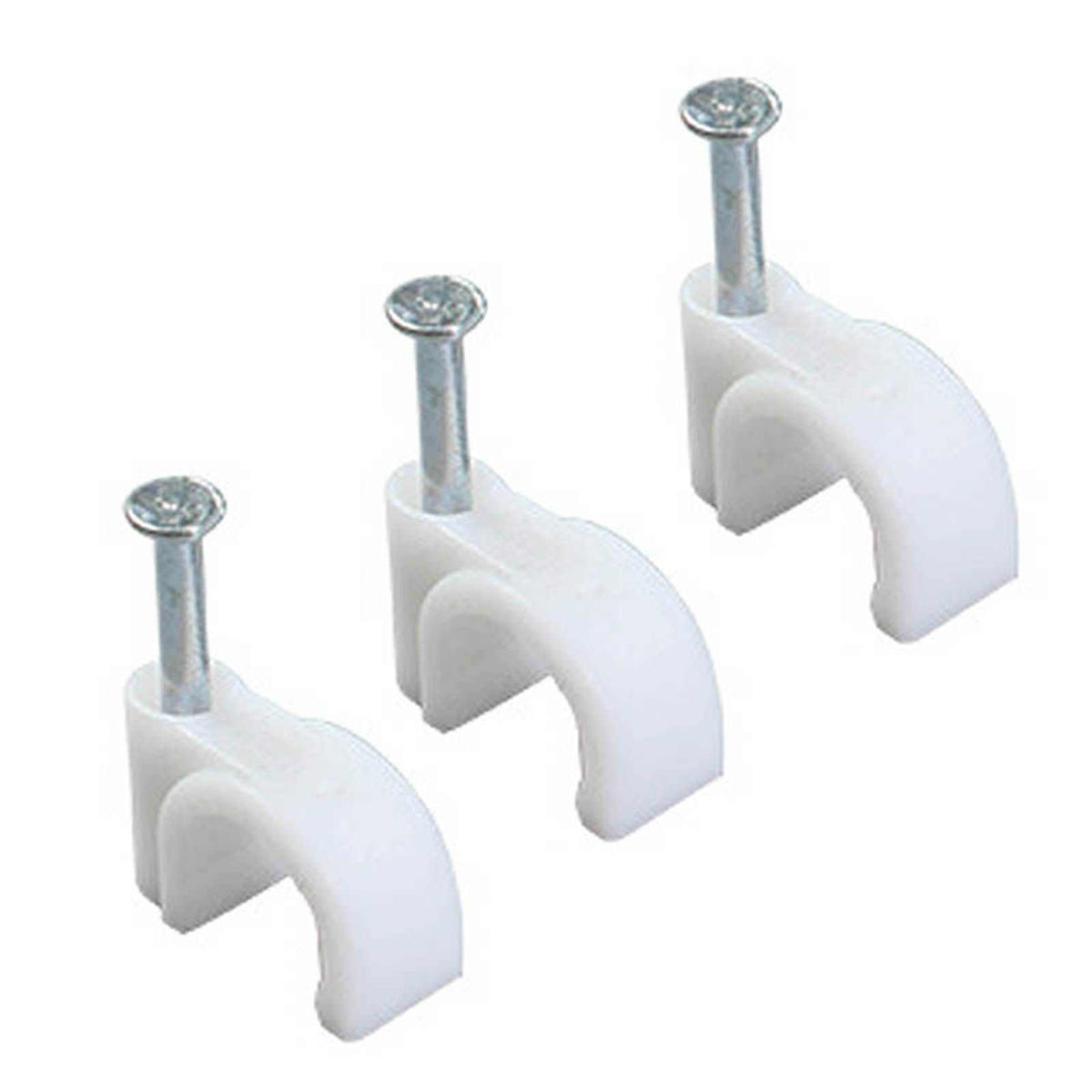 Steel Nail Cable Fixing Clips in white PE with silver steel nails, featuring curved snap-in holders for securing cables