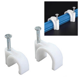 Steel Nail Cable Fixing Clips in white plastic with silver metal nails, curved snap-over design for securing cables