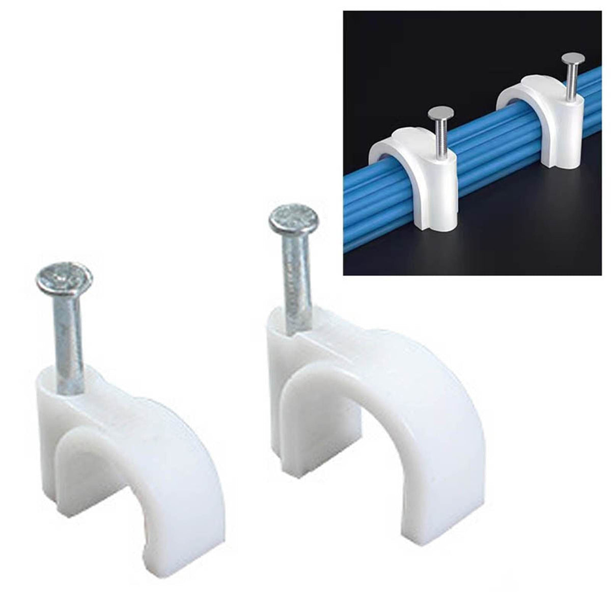 Steel Nail Cable Fixing Clips in white plastic with silver metal nails, curved snap-over design for securing cables