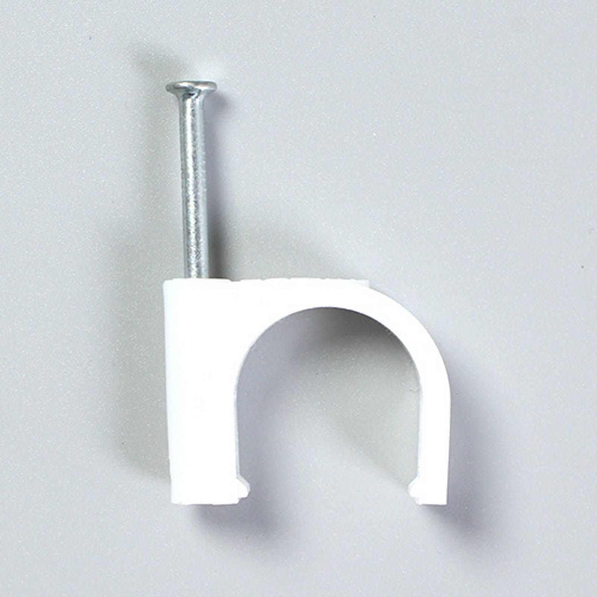 Steel Nail Cable Fixing Clips in white plastic with a silver steel nail, featuring an open arch-shaped cable holder.