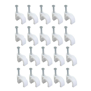Steel Nail Cable Fixing Clips in white plastic with silver steel nails, featuring curved snap-in cable holders
