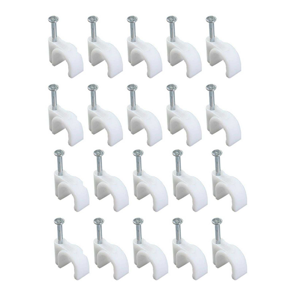 Steel Nail Cable Fixing Clips in white plastic with silver steel nails, featuring curved snap-in cable holders
