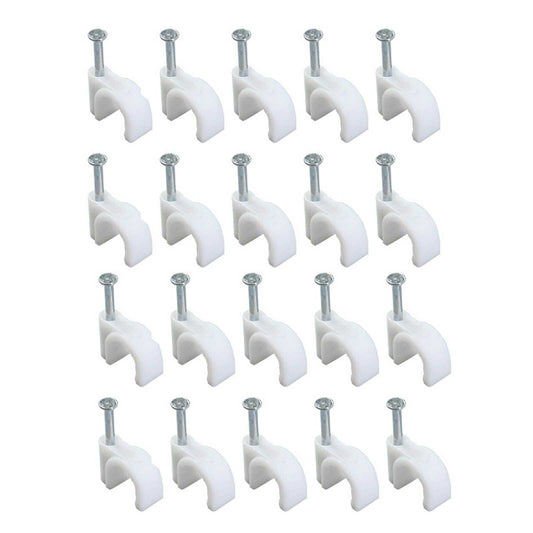 Steel Nail Cable Fixing Clips in white plastic with silver steel nails, featuring curved snap-in cable holders