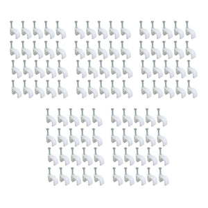Steel Nail Cable Fixing Clips in white plastic with silver steel nails, arranged in rows for cable fastening