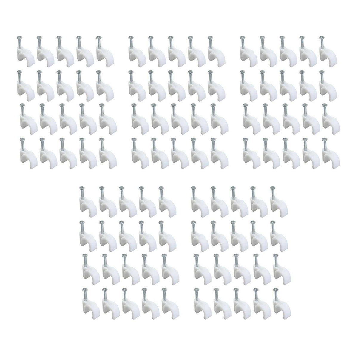 Steel Nail Cable Fixing Clips in white plastic with silver steel nails, arranged in rows for cable fastening