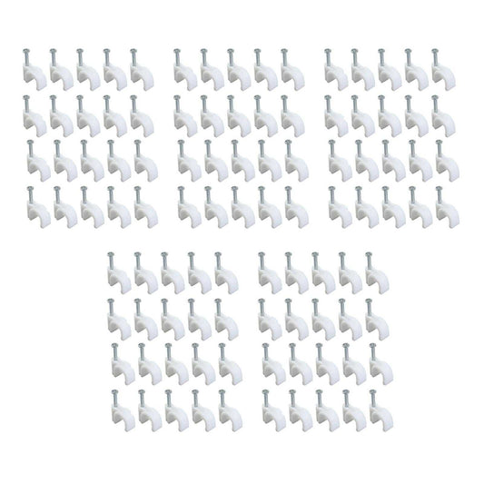 Steel Nail Cable Fixing Clips in white plastic with silver steel nails, arranged in rows for cable fastening