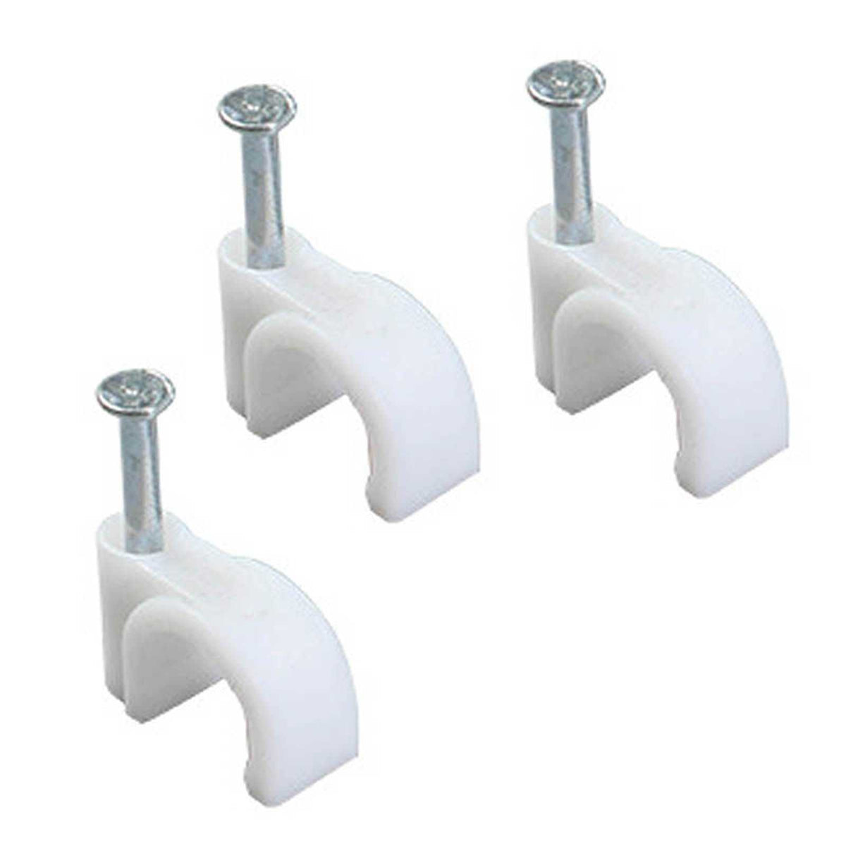 Steel Nail Cable Fixing Clips in white plastic with silver steel nails and curved snap-in cable holders