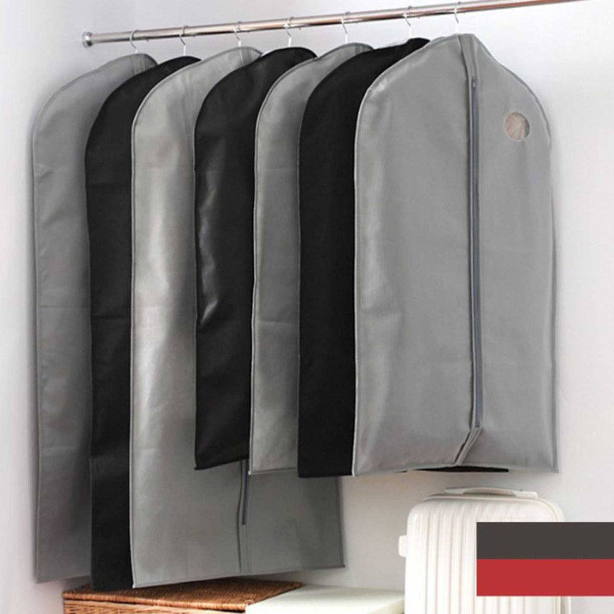 Suit Dust Cover garment bags in black and grey non-woven fabric, with hanging shape and round hanger openings