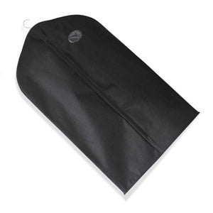 Suit Dust Cover in black non-woven fabric, with a rounded hanger opening and full-length front closure.