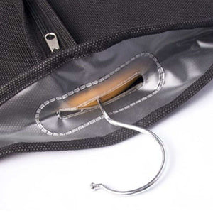 Suit Dust Cover in black textured non-woven fabric with a reinforced hanger opening, zipper, and metal hook